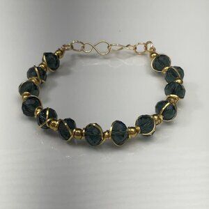 Handmade Bracelet with Gold Wire, Black Czech Crystal & Stainless Steel Beads